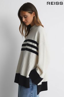 Reiss Cream/Navy Misha Ribbed Wool Funnel Neck Jumper (N57610) | AED1,210