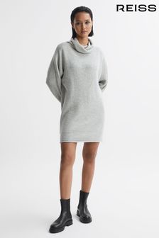 Reiss Soft Grey Sami Oversized Wool Blend Cowl Neck Mini Dress (N57617) | €256
