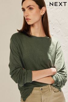 Khaki Green 100% Linen Long Sleeve Crew Top (N57621) | OMR15