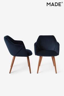 MADE.COM Set of 2 Dark Blue and Walnut Legs Lule Arm Dining Chairs (N57625) | €377