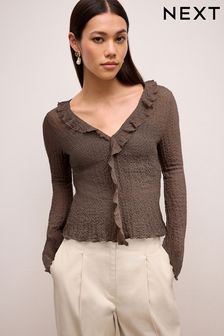 Brown Textured Ruffle Front Top (N57628) | $57