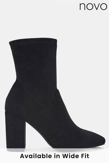 Novo Black Wide Fit Kellan Block Heel Sock Ankle Boots (N57649) | 188 QAR