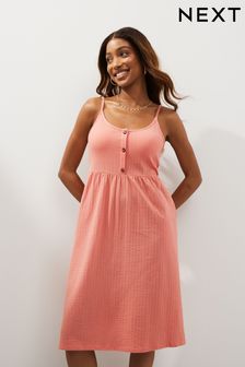 Coral Pink Button Down Cotton Cami Summer Dress (N57701) | 673 UAH