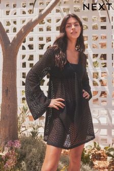 Black Crochet Lace Beach Cover-Up Kaftan (N57703) | $45