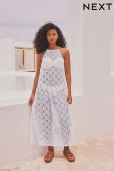 White Jersey Crochet Maxi Summer Cover-up Dress (N57708) | $48