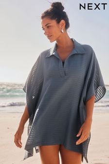 Blue Textured Longline Overhead Shirt Cover-Up (N57775) | HK$246