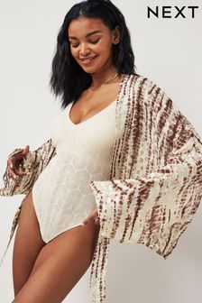 Rust Brown/Gold Tie Front Kimono Cover-Up (N57778) | SGD 63