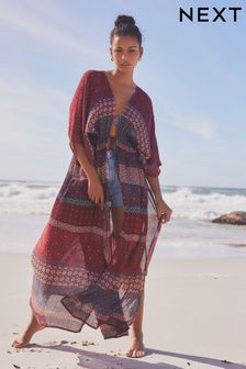 Berry Red/Navy Geo Maxi Tie Waist Kimono Cover-Up (N57781) | 1,279 UAH
