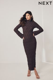 Brown Long Sleeve Textured Column Dress (N57789) | OMR16