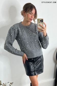 Style Cheat Grey Ivanna Pearl Cable Jumper (N58341) | €34