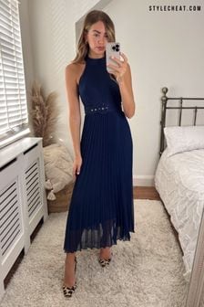 Niebieski - Plisowana sukienka maxi Style Cheat Luisa bez pleców (N58344) | 195 zł