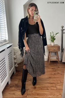 Style Cheat Black Pebble Print Demi Belted Pleated Midi Skirt (N58347) | €28