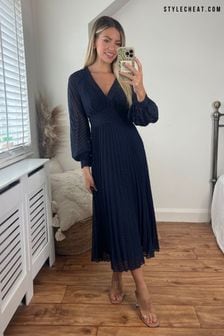 Style Cheat Navy Blue Dannica Pleated Balloon Sleeve Maxi Dress (N58349) | $117