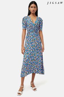 Niebieska sukienka Jigsaw z dżerseju w kwiatowy wzór w stylu vintage (N58630) | 457 zł