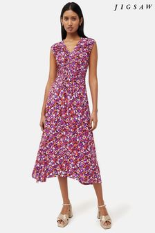 Jigsaw Gerafftes Kleid mit Vintage-Blumenmuster, Violett (N58631) | 103 €