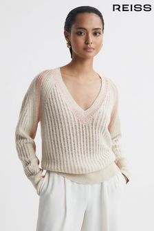 Reiss Cream/Nude Vale Wool Blend Knitted V-Neck Jumper (N58713) | AED1,282