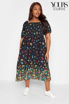 Yours Curve Limited Gesmoktes Kleid mit eckigem Ausschnitt und Print (N59028) | 51 €