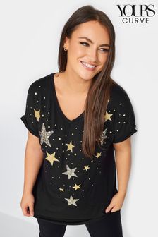 Yours Curve Sequin And Glitter Printed V-Neck T-Shirt