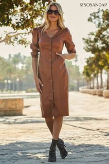 Sosandar Brown Faux Leather Popper Front Pencil Dress With Pockets (N59514) | kr1,090