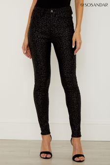 Sosandar Black Leopard Textured Coated Jeans (N59545) | 75 €