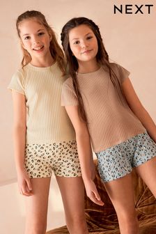 Brown/Cream Short Textured Pyjamas 2 Pack (9mths-16yrs) (N59617) | 79 QAR - 129 QAR