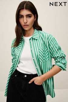 Green and White Spliced Stripe Oversized Cotton Shirt (N59811) | HK$289