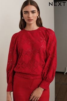 אדום - חולצת תחרה עם שרוולים ארוכים (N59834) | ‏117 ‏₪
