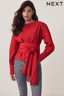 Red Long Sleeve Wrap Pearl Detail Shirt (N59841) | 189 QAR
