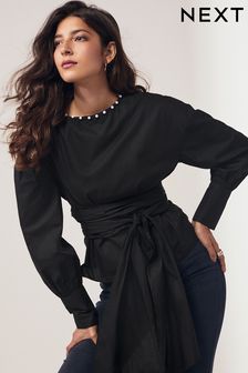 Black Long Sleeve Wrap Pearl Detail Shirt (N59842) | 216 SAR