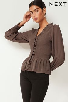Brown Shirred Body V-Neck Long Sleeve Blouse (N59848) | 153 QAR