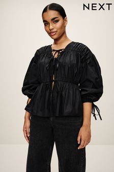 Black Poplin Layered Tie Blouse (N59853) | €41