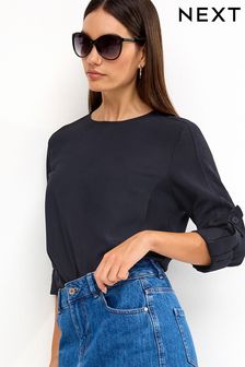 Navy Blue Linen Blend Long Sleeve Blouse (N59854) | €33.50