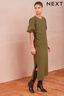 Khaki Green Ruched Side Puff Sleeve Midi Dress (N59873) | $58