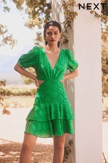 Green - Crochet Volume Short Sleeve Cut-out Mini Dress (N59874) | kr1 240