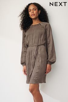 Коричневый - Атласное платье мини с длинными рукавами (N59875) | €64