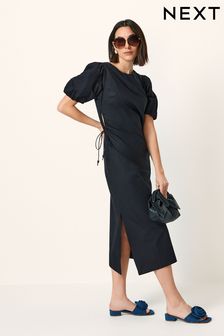 Black Ruched Side Puff Sleeve Midi Dress (N59879) | ₪ 127