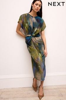 Blauw met vervaagde print - Midi-jurk met korte mouwen en gedraaide taille (N59883) | €68
