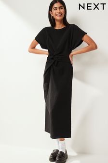 Czarny - Sukienka midi z krótkim rękawem i skręconą talią (N59885) | 250 zł