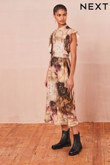 Naturalny, barwiony - Sukienka midi ze zwiewnymi rękawami i zabudowanym dekoltem (N59890) | 385 zł
