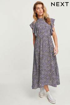 Navy Ditsy Print Flutter Sleeve High Neck Midi Dress (N59891) | €71