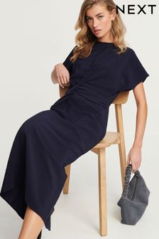 Navy Blue Twist Waist Short Sleeve Midi Dress (N59901) | 189 QAR