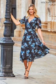 Sosandar Blue Floral Print Long Sleeve Wrap Dress (N60048) | 391 QAR