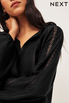 Black Textured Long Sleeve V-Neck Blouse (N60064) | kr780