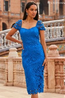 Sosandar Blue Guipure Lace Puff Sleeve Pencil Dress (N60121) | AED521