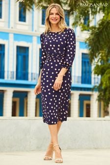 Sosandar Blue Spot Ruched Waist Midi Dress (N60133) | kr1,026