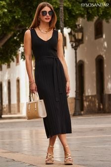 Sosandar Black Ribbed Button Shoulder Detail Knit Dress (N60173) | €108