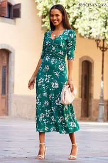 綠色 - Sosandar 正面合身褶皺喇叭連身裙 (N60219) | NT$3,220