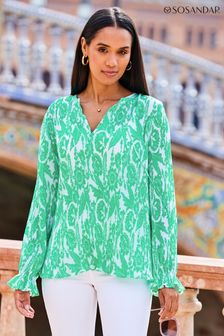 Sosandar Green Floral Print Plisse Tie Neck Blouse (N60232) | ₪ 246
