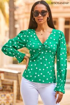 Sosandar Green Ruched Keyhole Detail Blouse (N60236) | AED272