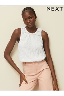 White Textured Ruched Sleeveless Racer Top (N60312) | ₪ 73